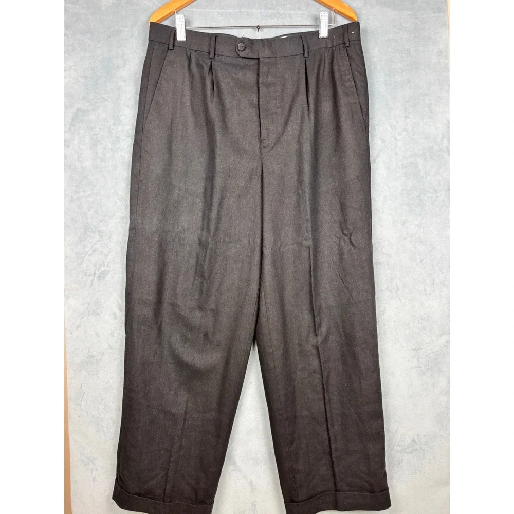The Linen Connection Henri Valdise Mens Black 100% Linen Pleated Cuffed Pants 36